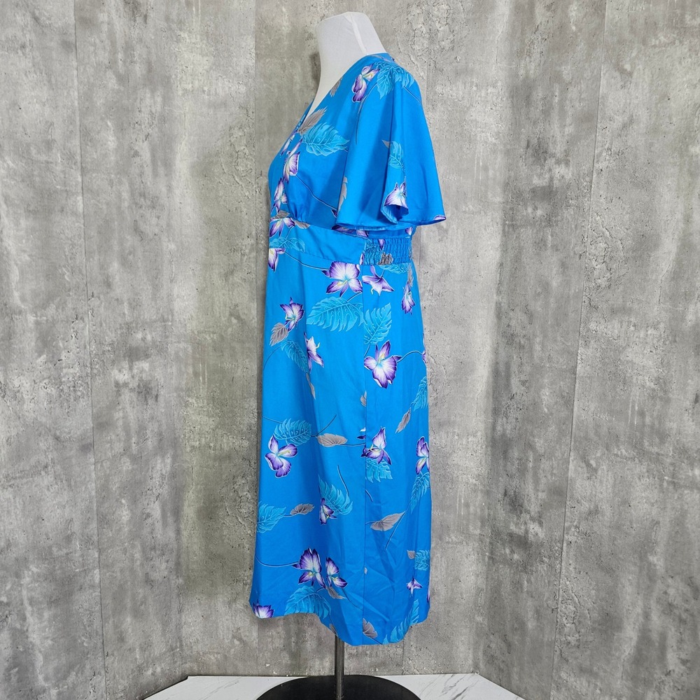 Vintage Darina Honolulu Hawaiian Dress Blue Floral Tropical Midi Made Hawaii - Picture 7 of 10